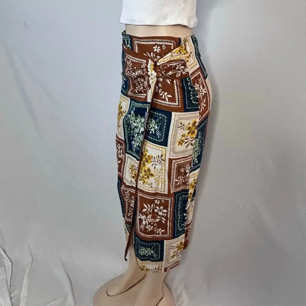 Y2K Linen Blend Scarf Print Sarong Wrap Midi Skirt Boho Coastal Small